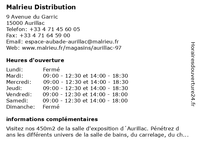 Horaires d ouverture Malrieu Distribution 9 Avenue du